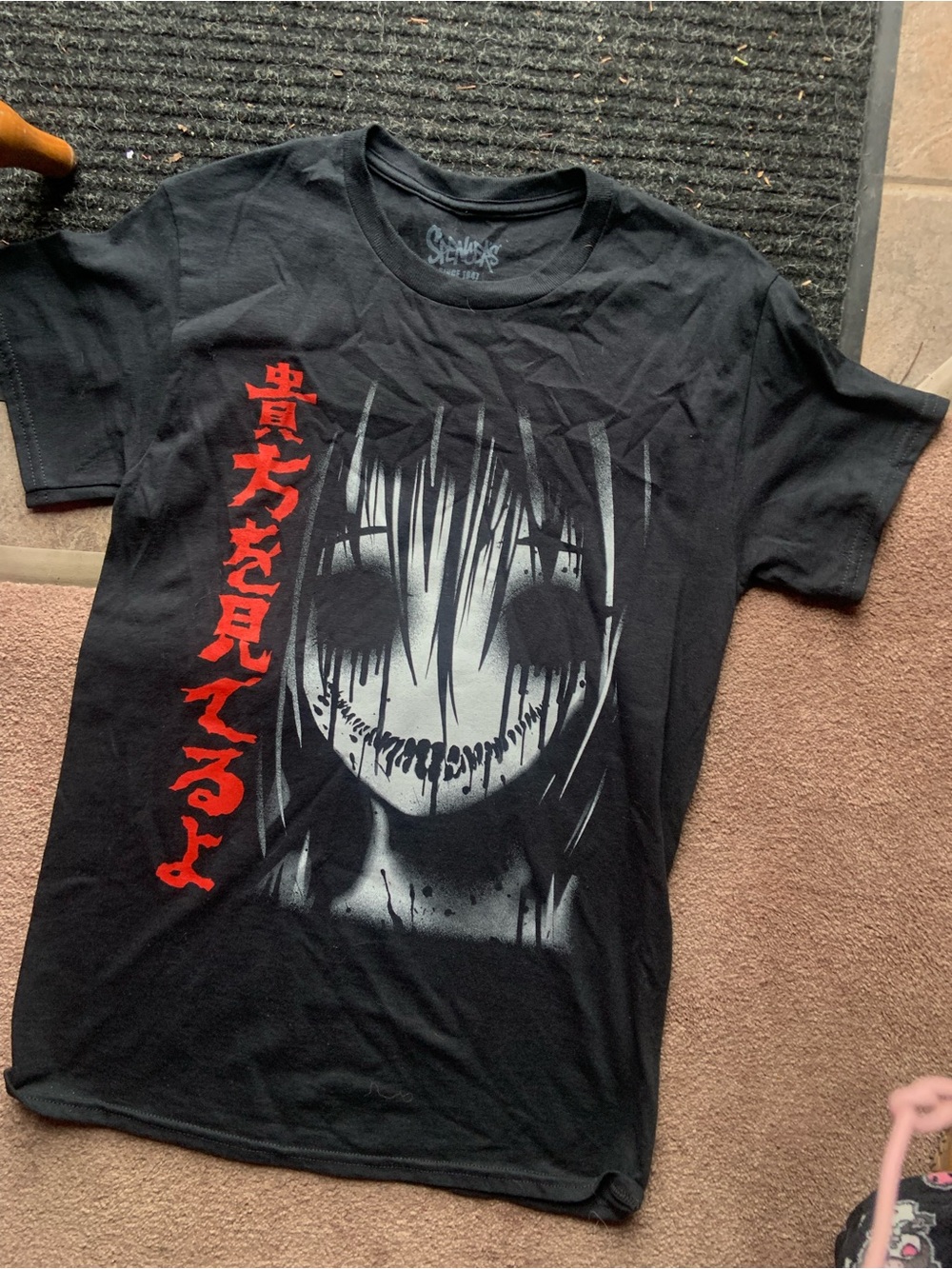 Graphic Black Tee with Creepy Anime Face and Red Kanji